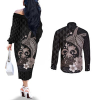 Hawaiian Whale and Volcanic Eruption Couples Matching Off The Shoulder Long Sleeve Dress and Long Sleeve Button Shirt Hibiscus and Kakau Pattern Grayscale Color
