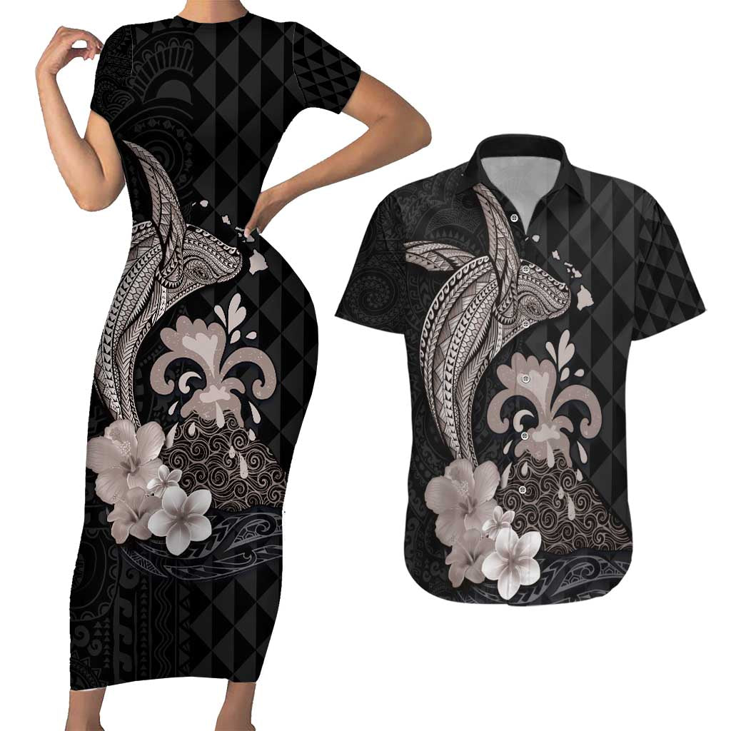 Hawaiian Whale and Volcanic Eruption Couples Matching Short Sleeve Bodycon Dress and Hawaiian Shirt Hibiscus and Kakau Pattern Grayscale Color LT03 Black - Polynesian Pride