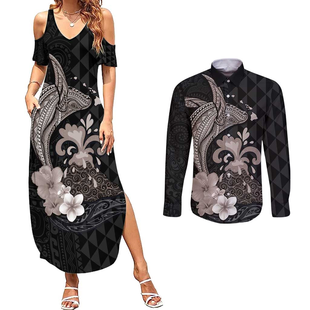 Hawaiian Whale and Volcanic Eruption Couples Matching Summer Maxi Dress and Long Sleeve Button Shirt Hibiscus and Kakau Pattern Grayscale Color