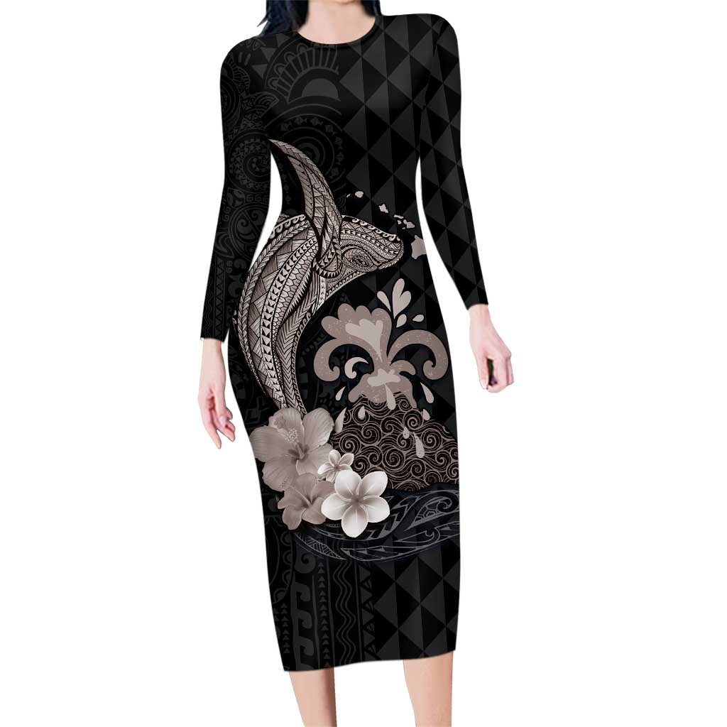 Hawaiian Whale and Volcanic Eruption Family Matching Long Sleeve Bodycon Dress and Hawaiian Shirt Hibiscus and Kakau Pattern Grayscale Color LT03 Mom's Dress Black - Polynesian Pride