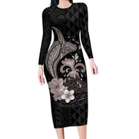 Hawaiian Whale and Volcanic Eruption Family Matching Long Sleeve Bodycon Dress and Hawaiian Shirt Hibiscus and Kakau Pattern Grayscale Color LT03 Mom's Dress Black - Polynesian Pride