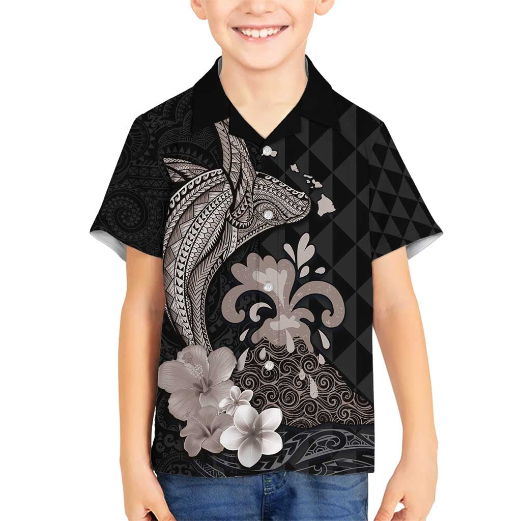 Hawaiian Whale and Volcanic Eruption Family Matching Long Sleeve Bodycon Dress and Hawaiian Shirt Hibiscus and Kakau Pattern Grayscale Color LT03 Son's Shirt Black - Polynesian Pride