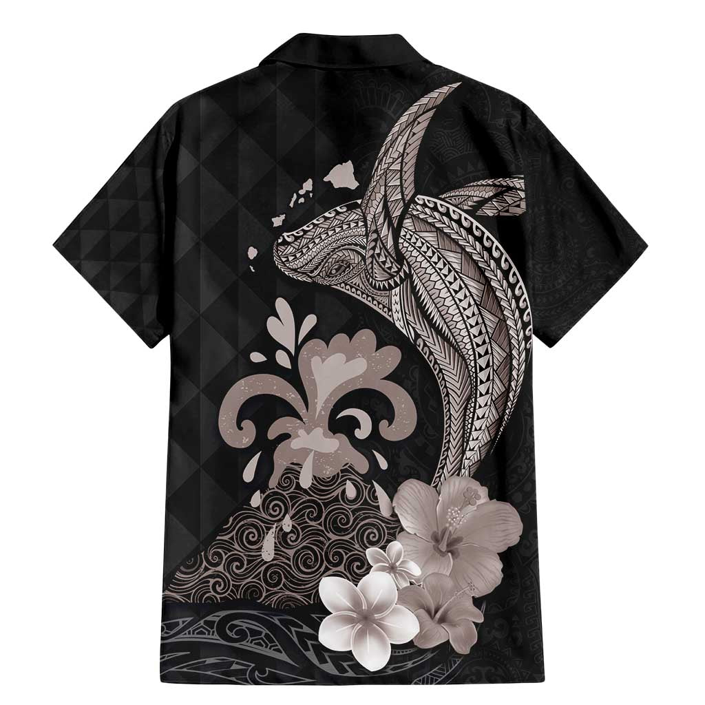 Hawaiian Whale and Volcanic Eruption Family Matching Mermaid Dress and Hawaiian Shirt Hibiscus and Kakau Pattern Grayscale Color LT03 - Polynesian Pride