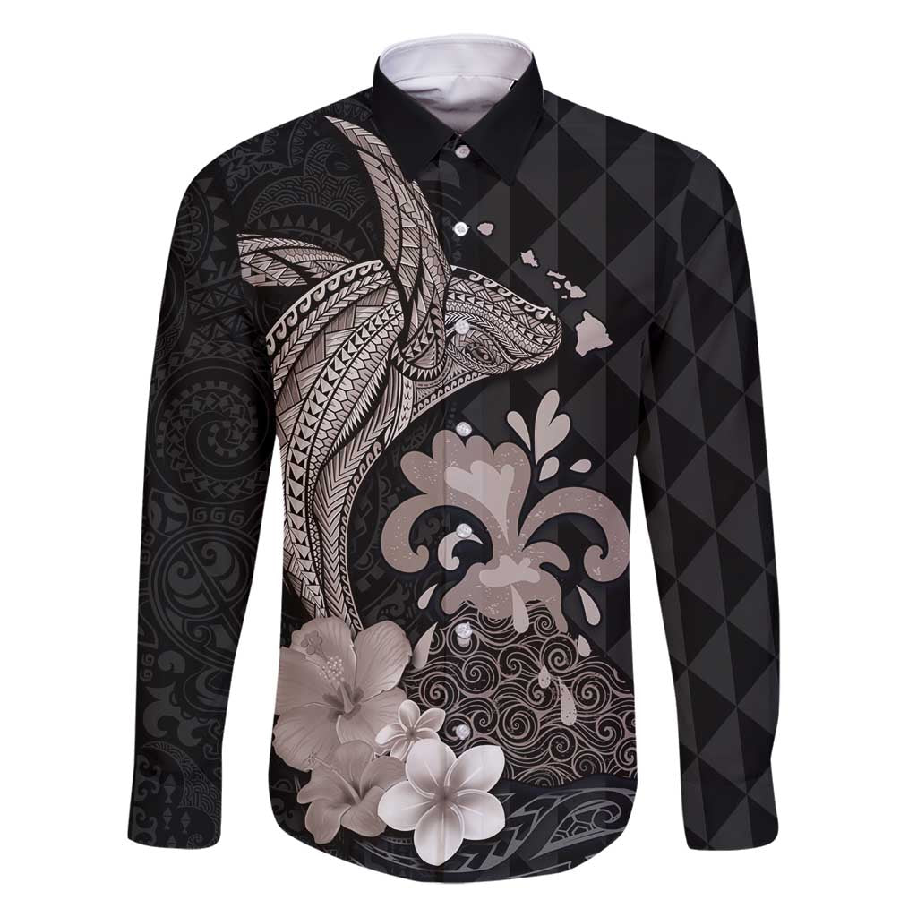 Hawaiian Whale and Volcanic Eruption Family Matching Mermaid Dress and Hawaiian Shirt Hibiscus and Kakau Pattern Grayscale Color LT03 Dad's Shirt - Long Sleeve Black - Polynesian Pride