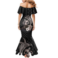 Hawaiian Whale and Volcanic Eruption Family Matching Mermaid Dress and Hawaiian Shirt Hibiscus and Kakau Pattern Grayscale Color LT03 - Polynesian Pride