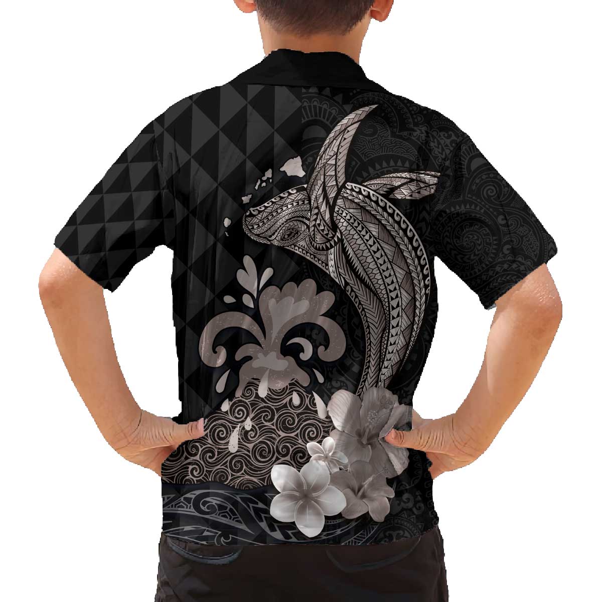 Hawaiian Whale and Volcanic Eruption Family Matching Off The Shoulder Long Sleeve Dress and Hawaiian Shirt Hibiscus and Kakau Pattern Grayscale Color LT03 - Polynesian Pride