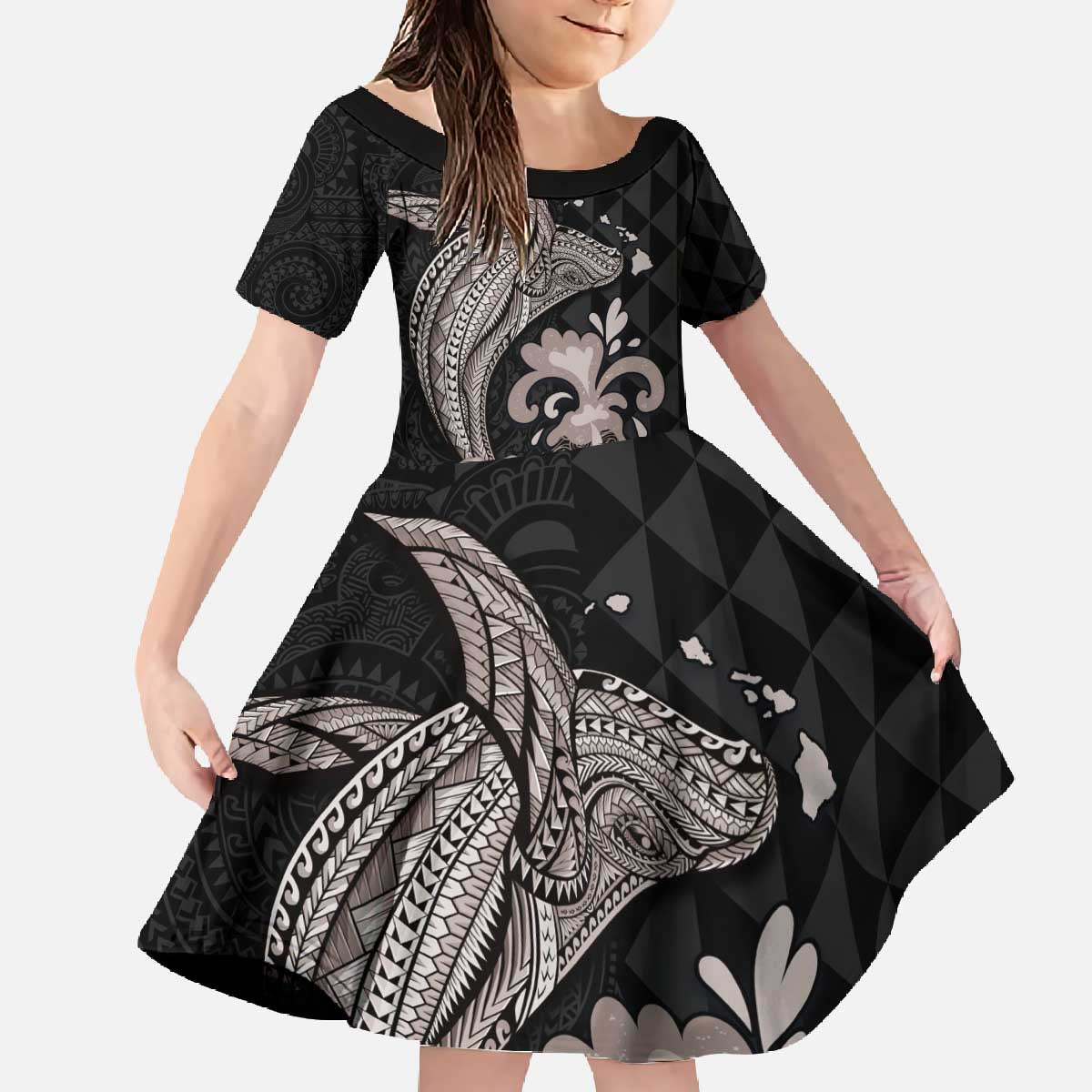 Hawaiian Whale and Volcanic Eruption Family Matching Off The Shoulder Long Sleeve Dress and Hawaiian Shirt Hibiscus and Kakau Pattern Grayscale Color LT03 Daughter's Dress Black - Polynesian Pride