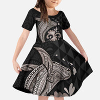 Hawaiian Whale and Volcanic Eruption Family Matching Off The Shoulder Long Sleeve Dress and Hawaiian Shirt Hibiscus and Kakau Pattern Grayscale Color LT03 Daughter's Dress Black - Polynesian Pride