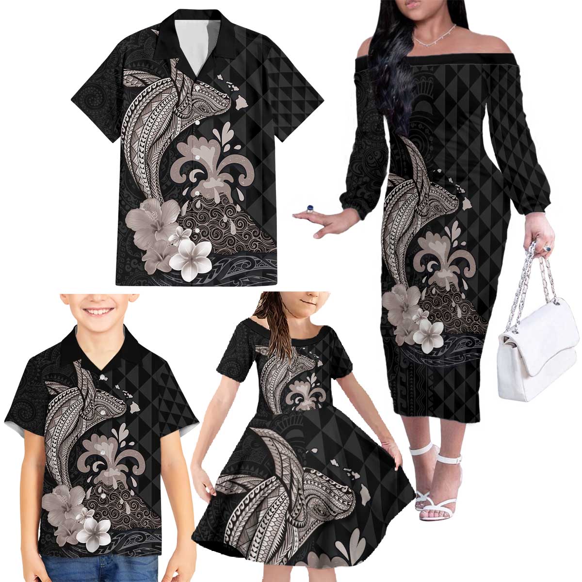 Hawaiian Whale and Volcanic Eruption Family Matching Off The Shoulder Long Sleeve Dress and Hawaiian Shirt Hibiscus and Kakau Pattern Grayscale Color LT03 - Polynesian Pride