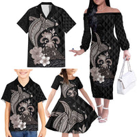 Hawaiian Whale and Volcanic Eruption Family Matching Off The Shoulder Long Sleeve Dress and Hawaiian Shirt Hibiscus and Kakau Pattern Grayscale Color LT03 - Polynesian Pride