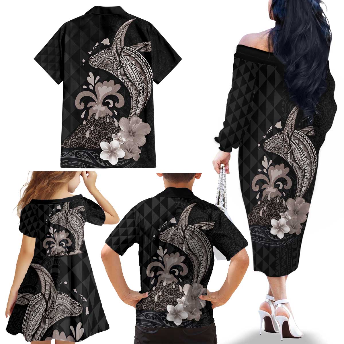 Hawaiian Whale and Volcanic Eruption Family Matching Off The Shoulder Long Sleeve Dress and Hawaiian Shirt Hibiscus and Kakau Pattern Grayscale Color LT03 - Polynesian Pride