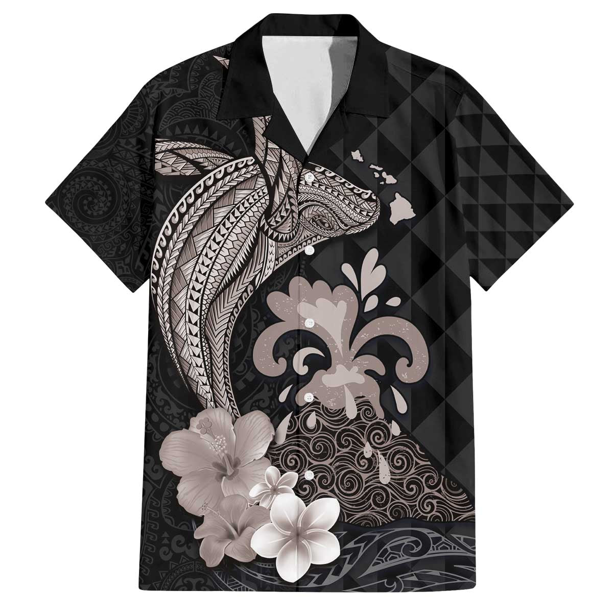 Hawaiian Whale and Volcanic Eruption Family Matching Off The Shoulder Long Sleeve Dress and Hawaiian Shirt Hibiscus and Kakau Pattern Grayscale Color LT03 Dad's Shirt - Short Sleeve Black - Polynesian Pride