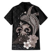 Hawaiian Whale and Volcanic Eruption Family Matching Off The Shoulder Long Sleeve Dress and Hawaiian Shirt Hibiscus and Kakau Pattern Grayscale Color LT03 - Polynesian Pride