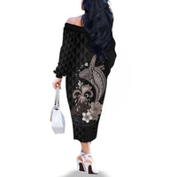 Hawaiian Whale and Volcanic Eruption Family Matching Off The Shoulder Long Sleeve Dress and Hawaiian Shirt Hibiscus and Kakau Pattern Grayscale Color LT03 - Polynesian Pride