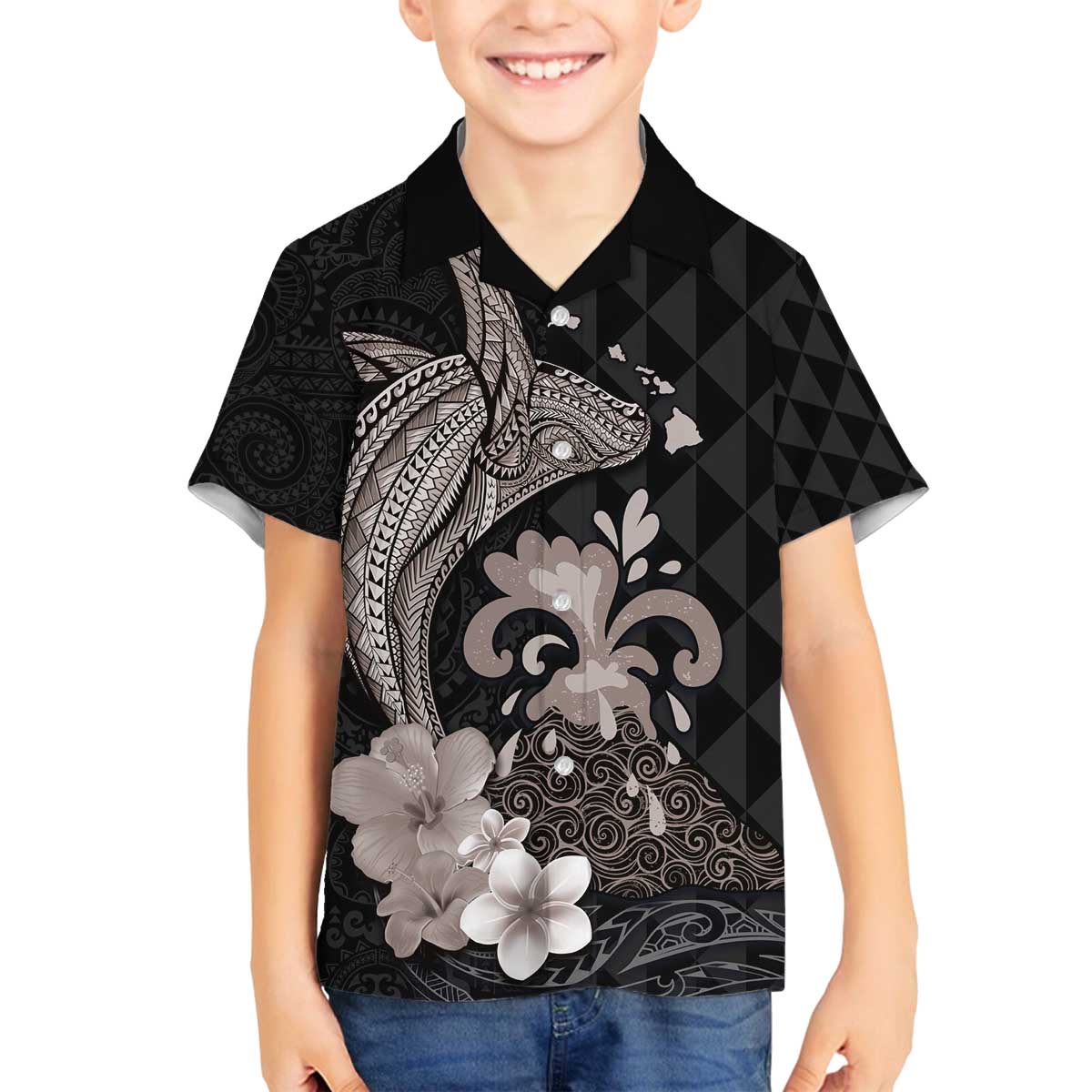 Hawaiian Whale and Volcanic Eruption Family Matching Off The Shoulder Long Sleeve Dress and Hawaiian Shirt Hibiscus and Kakau Pattern Grayscale Color LT03 Son's Shirt Black - Polynesian Pride