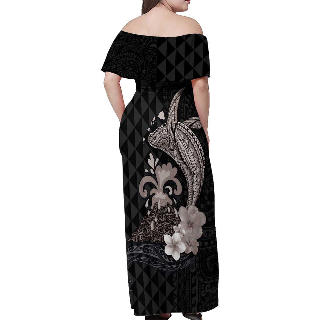 Hawaiian Whale and Volcanic Eruption Family Matching Off Shoulder Maxi Dress and Hawaiian Shirt Hibiscus and Kakau Pattern Grayscale Color LT03 - Polynesian Pride