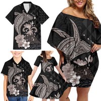 Hawaiian Whale and Volcanic Eruption Family Matching Off Shoulder Short Dress and Hawaiian Shirt Hibiscus and Kakau Pattern Grayscale Color LT03 - Polynesian Pride