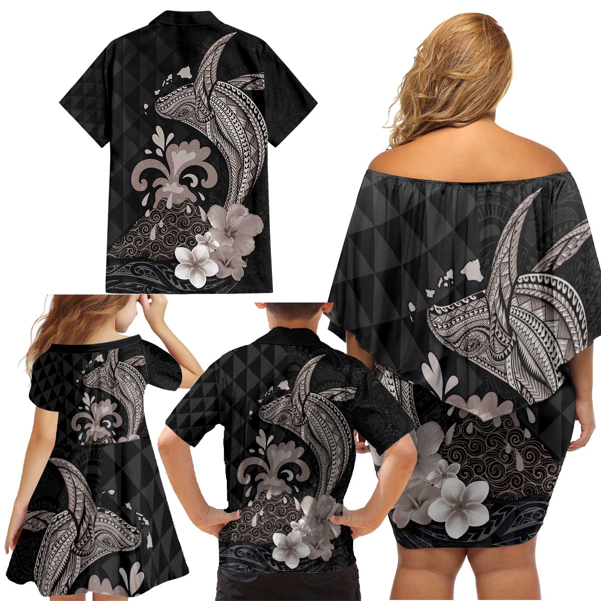 Hawaiian Whale and Volcanic Eruption Family Matching Off Shoulder Short Dress and Hawaiian Shirt Hibiscus and Kakau Pattern Grayscale Color LT03 - Polynesian Pride