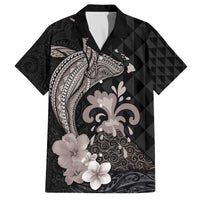 Hawaiian Whale and Volcanic Eruption Family Matching Off Shoulder Short Dress and Hawaiian Shirt Hibiscus and Kakau Pattern Grayscale Color LT03 Dad's Shirt - Short Sleeve Black - Polynesian Pride