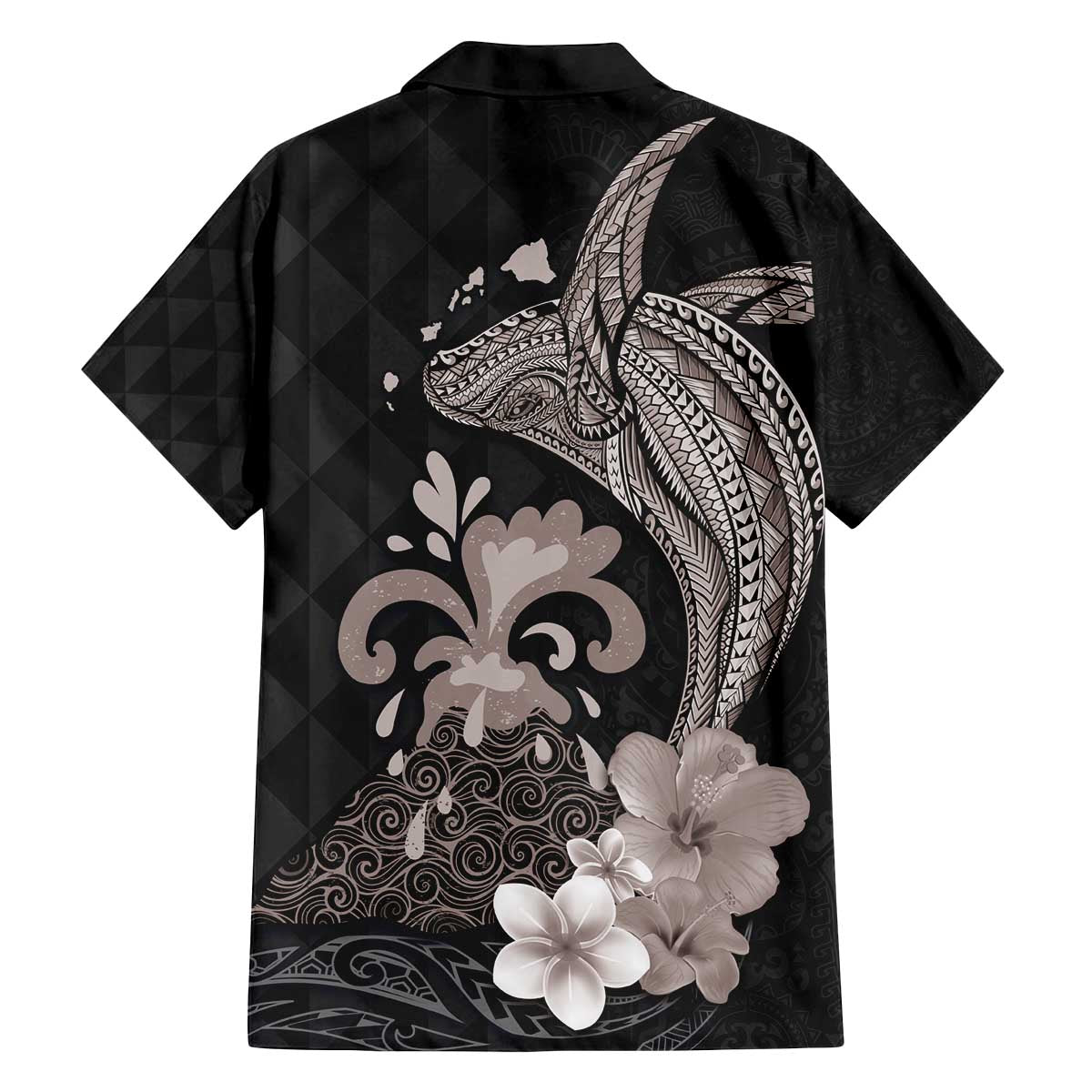 Hawaiian Whale and Volcanic Eruption Family Matching Off Shoulder Short Dress and Hawaiian Shirt Hibiscus and Kakau Pattern Grayscale Color LT03 - Polynesian Pride