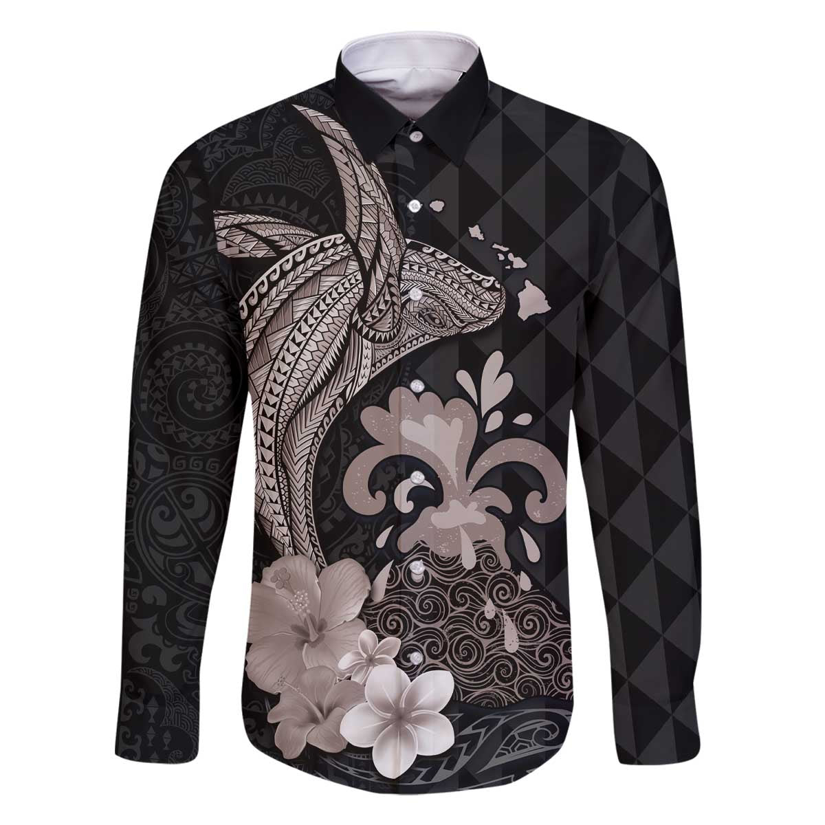 Hawaiian Whale and Volcanic Eruption Family Matching Off Shoulder Short Dress and Hawaiian Shirt Hibiscus and Kakau Pattern Grayscale Color LT03 Dad's Shirt - Long Sleeve Black - Polynesian Pride