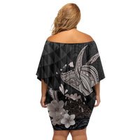 Hawaiian Whale and Volcanic Eruption Family Matching Off Shoulder Short Dress and Hawaiian Shirt Hibiscus and Kakau Pattern Grayscale Color LT03 - Polynesian Pride