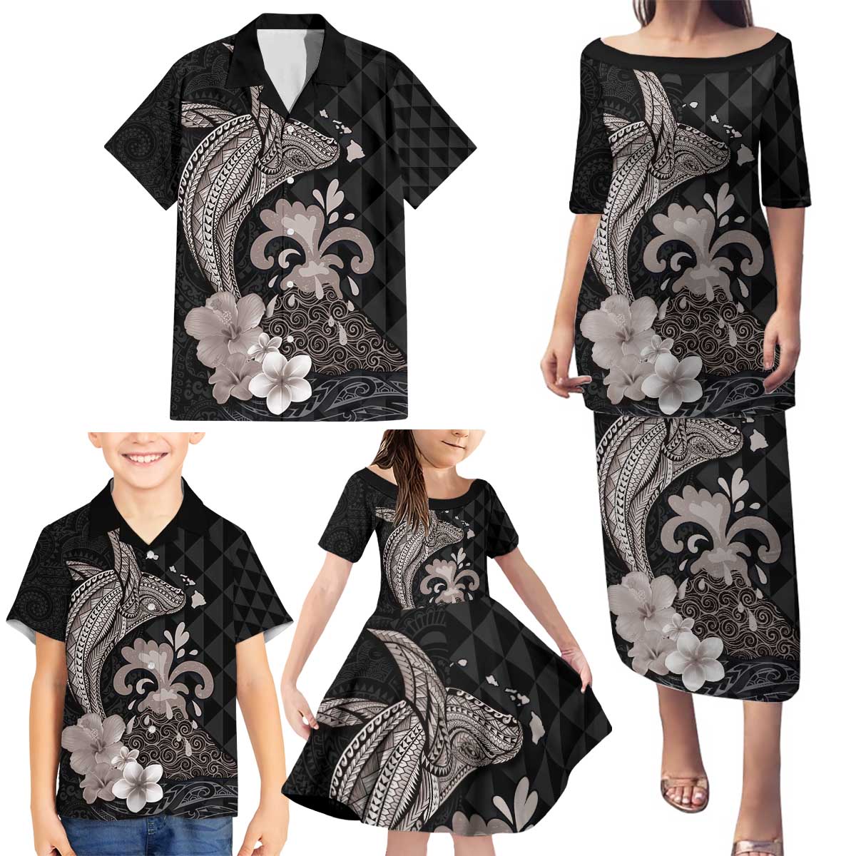 Hawaiian Whale and Volcanic Eruption Family Matching Puletasi and Hawaiian Shirt Hibiscus and Kakau Pattern Grayscale Color LT03 - Polynesian Pride