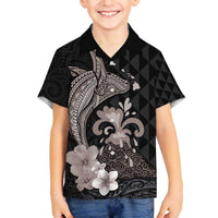 Hawaiian Whale and Volcanic Eruption Family Matching Puletasi and Hawaiian Shirt Hibiscus and Kakau Pattern Grayscale Color LT03 Son's Shirt Black - Polynesian Pride
