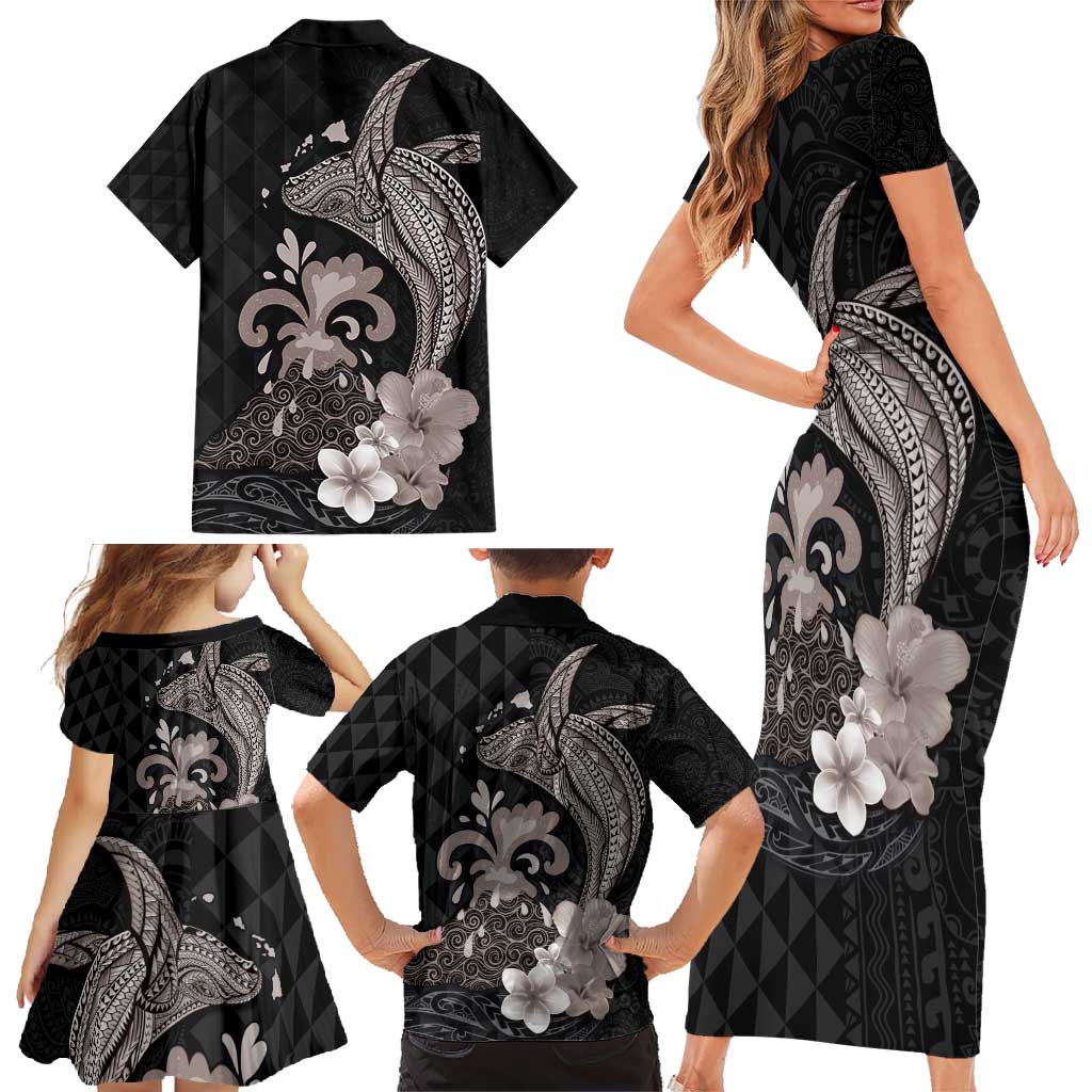 Hawaiian Whale and Volcanic Eruption Family Matching Short Sleeve Bodycon Dress and Hawaiian Shirt Hibiscus and Kakau Pattern Grayscale Color LT03 - Polynesian Pride