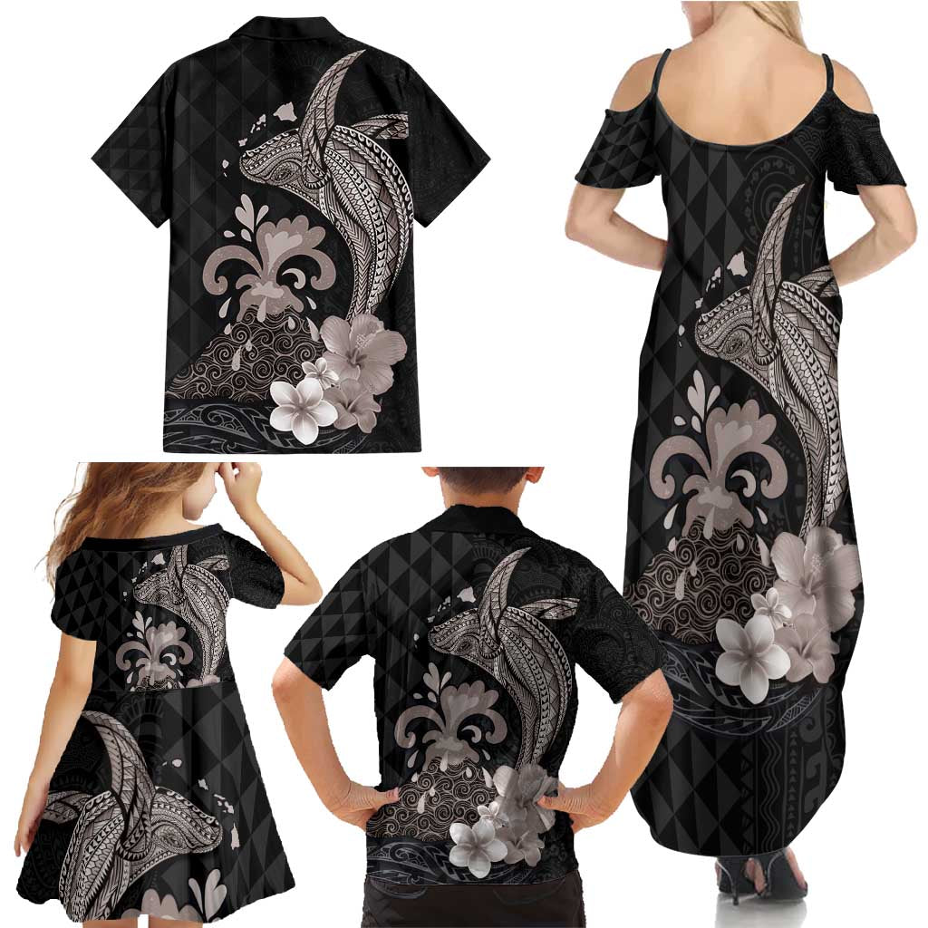 Hawaiian Whale and Volcanic Eruption Family Matching Summer Maxi Dress and Hawaiian Shirt Hibiscus and Kakau Pattern Grayscale Color LT03 - Polynesian Pride