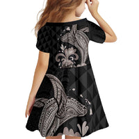 Hawaiian Whale and Volcanic Eruption Family Matching Tank Maxi Dress and Hawaiian Shirt Hibiscus and Kakau Pattern Grayscale Color LT03 - Polynesian Pride