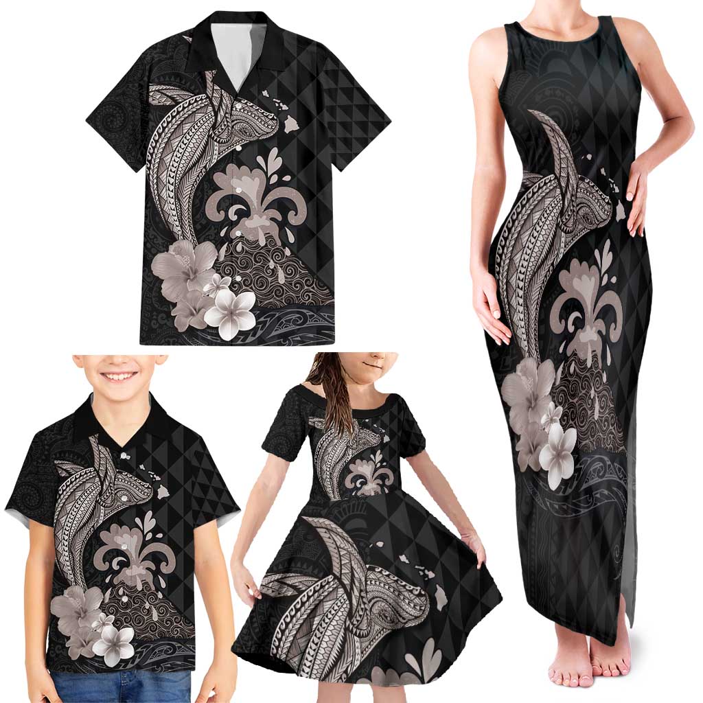 Hawaiian Whale and Volcanic Eruption Family Matching Tank Maxi Dress and Hawaiian Shirt Hibiscus and Kakau Pattern Grayscale Color LT03 - Polynesian Pride