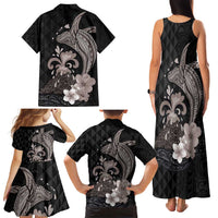 Hawaiian Whale and Volcanic Eruption Family Matching Tank Maxi Dress and Hawaiian Shirt Hibiscus and Kakau Pattern Grayscale Color LT03 - Polynesian Pride