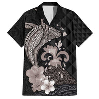 Hawaiian Whale and Volcanic Eruption Family Matching Tank Maxi Dress and Hawaiian Shirt Hibiscus and Kakau Pattern Grayscale Color LT03 Dad's Shirt - Short Sleeve Black - Polynesian Pride