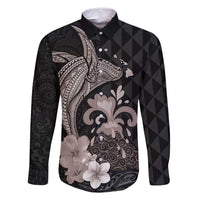 Hawaiian Whale and Volcanic Eruption Family Matching Tank Maxi Dress and Hawaiian Shirt Hibiscus and Kakau Pattern Grayscale Color LT03 Dad's Shirt - Long Sleeve Black - Polynesian Pride