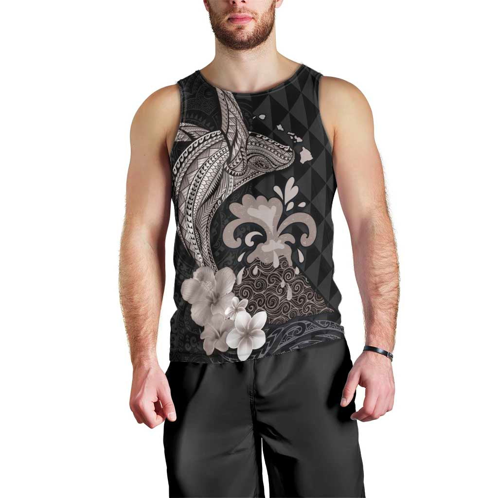 Hawaiian Whale and Volcanic Eruption Men Tank Top Hibiscus and Kakau Pattern Grayscale Color