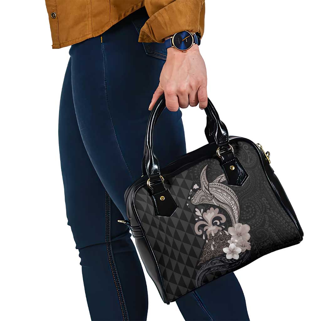 Hawaiian Whale and Volcanic Eruption Shoulder Handbag Hibiscus and Kakau Pattern Grayscale Color LT03 - Polynesian Pride