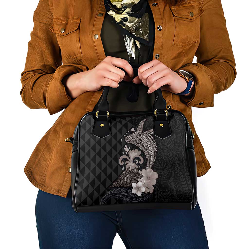 Hawaiian Whale and Volcanic Eruption Shoulder Handbag Hibiscus and Kakau Pattern Grayscale Color LT03 - Polynesian Pride