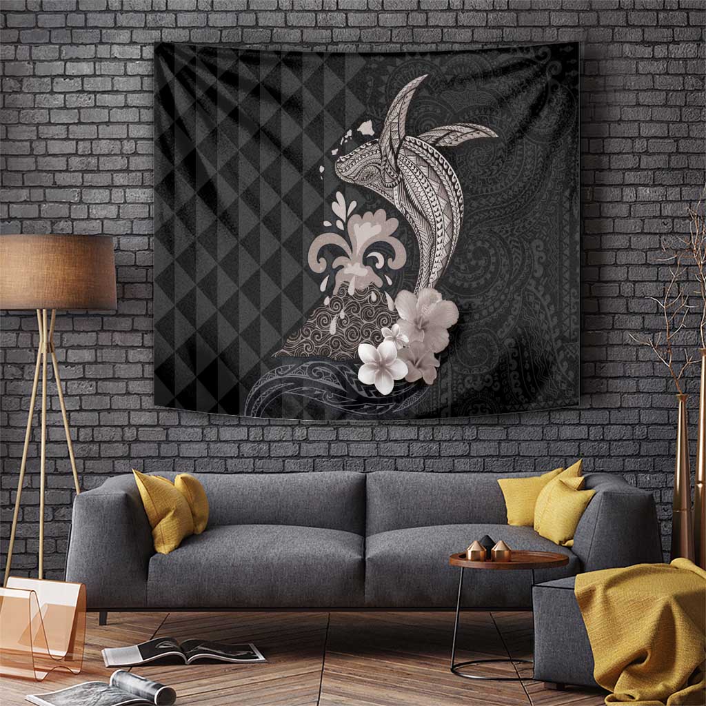 Hawaiian Whale and Volcanic Eruption Tapestry Hibiscus and Kakau Pattern Grayscale Color