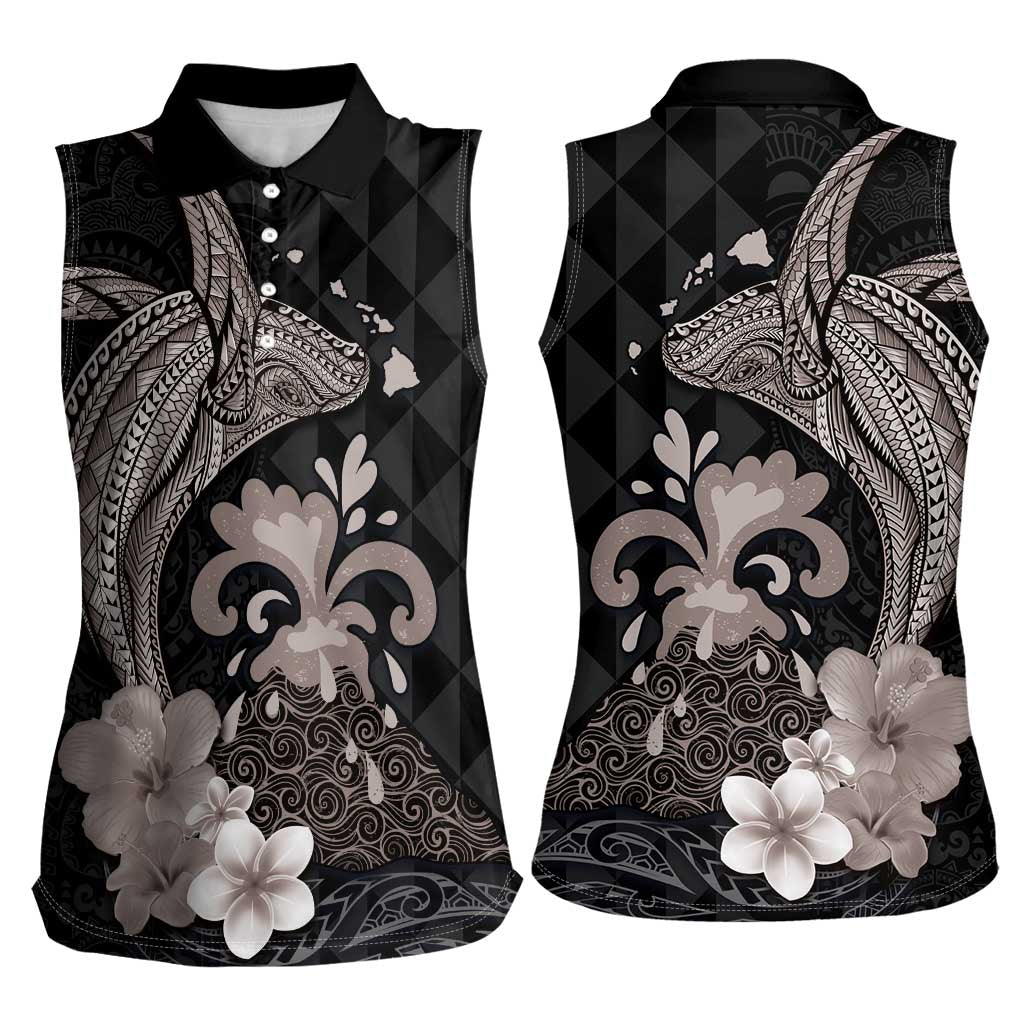 Hawaiian Whale and Volcanic Eruption Women Sleeveless Polo Shirt Hibiscus and Kakau Pattern Grayscale Color