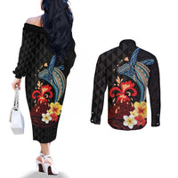Hawaiian Whale and Volcanic Eruption Couples Matching Off The Shoulder Long Sleeve Dress and Long Sleeve Button Shirt Hibiscus and Kakau Pattern LT03 - Polynesian Pride