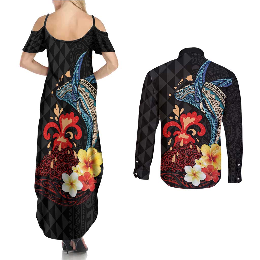Hawaiian Whale and Volcanic Eruption Couples Matching Summer Maxi Dress and Long Sleeve Button Shirt Hibiscus and Kakau Pattern