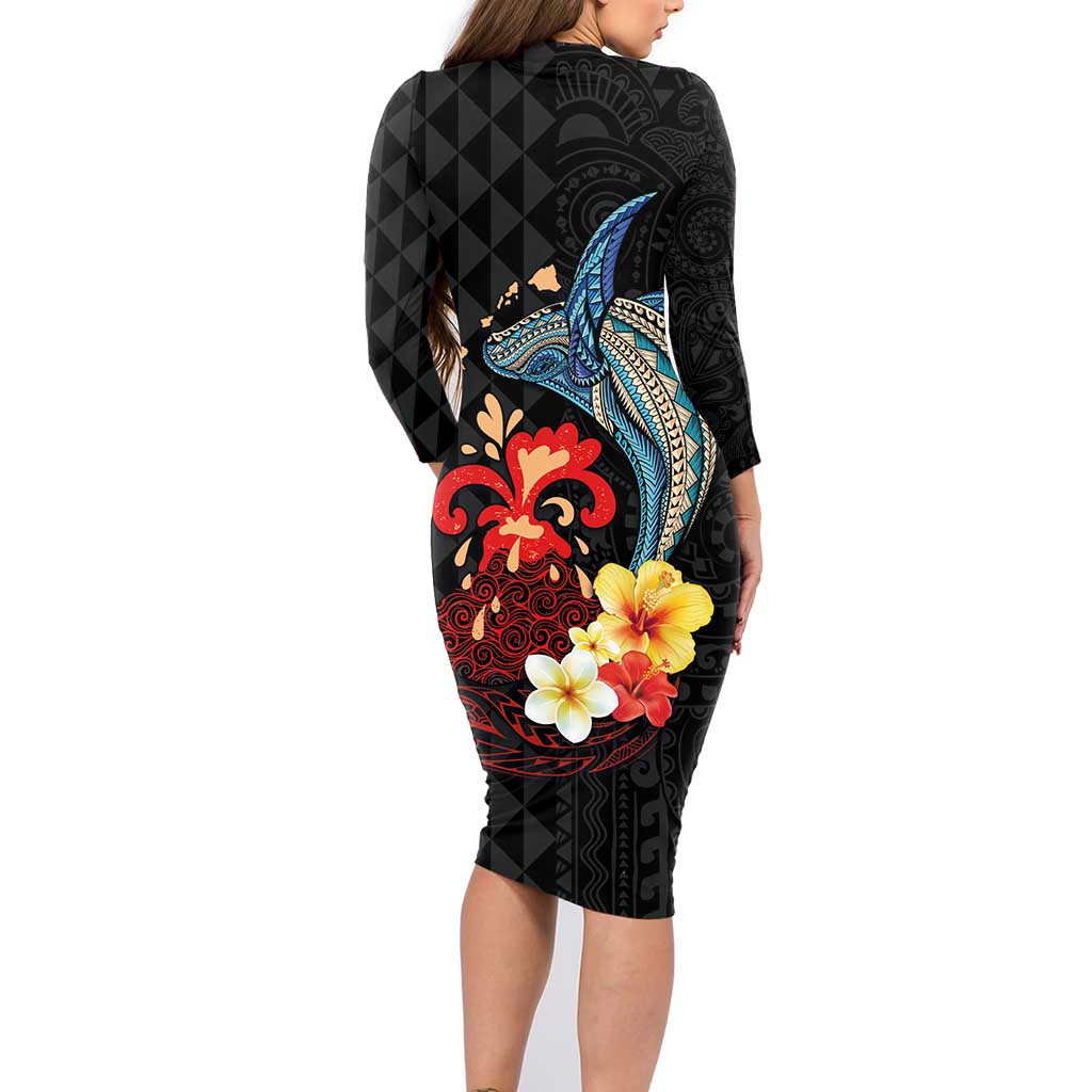 Hawaiian Whale and Volcanic Eruption Family Matching Long Sleeve Bodycon Dress and Hawaiian Shirt Hibiscus and Kakau Pattern LT03 - Polynesian Pride