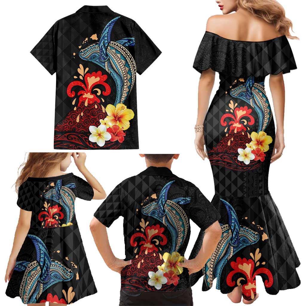 Hawaiian Whale and Volcanic Eruption Family Matching Mermaid Dress and Hawaiian Shirt Hibiscus and Kakau Pattern LT03 - Polynesian Pride