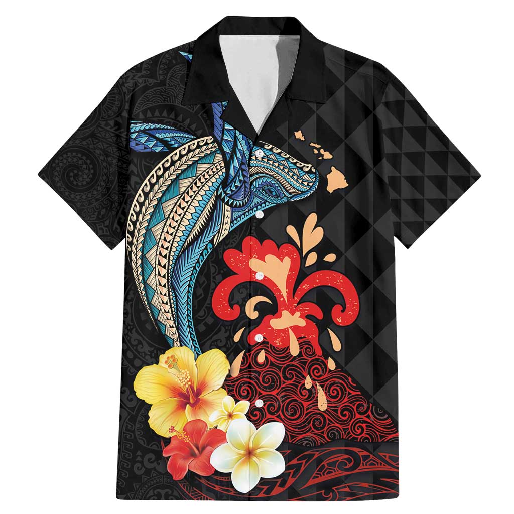 Hawaiian Whale and Volcanic Eruption Family Matching Mermaid Dress and Hawaiian Shirt Hibiscus and Kakau Pattern LT03 Dad's Shirt - Short Sleeve Black - Polynesian Pride