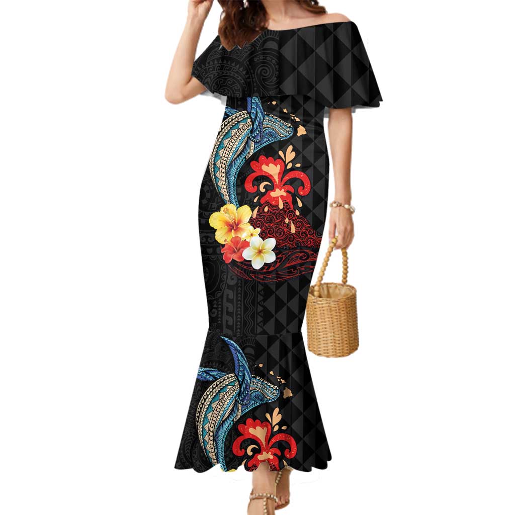 Hawaiian Whale and Volcanic Eruption Family Matching Mermaid Dress and Hawaiian Shirt Hibiscus and Kakau Pattern LT03 Mom's Dress Black - Polynesian Pride