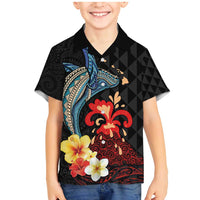 Hawaiian Whale and Volcanic Eruption Family Matching Mermaid Dress and Hawaiian Shirt Hibiscus and Kakau Pattern LT03 Son's Shirt Black - Polynesian Pride