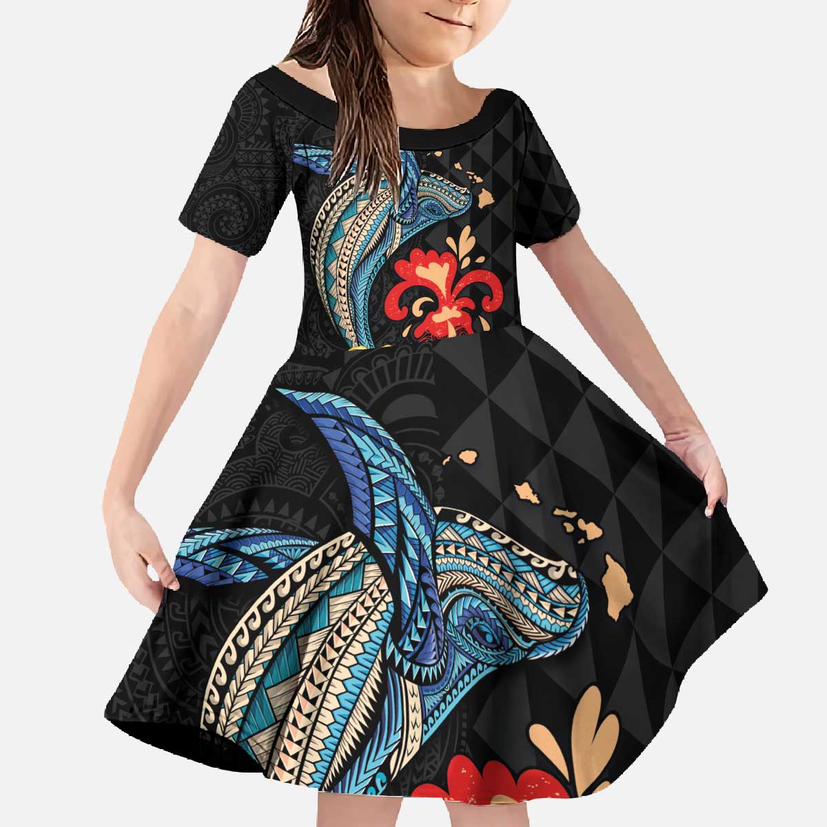 Hawaiian Whale and Volcanic Eruption Family Matching Off The Shoulder Long Sleeve Dress and Hawaiian Shirt Hibiscus and Kakau Pattern LT03 Daughter's Dress Black - Polynesian Pride