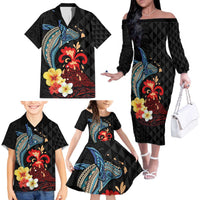 Hawaiian Whale and Volcanic Eruption Family Matching Off The Shoulder Long Sleeve Dress and Hawaiian Shirt Hibiscus and Kakau Pattern LT03 - Polynesian Pride