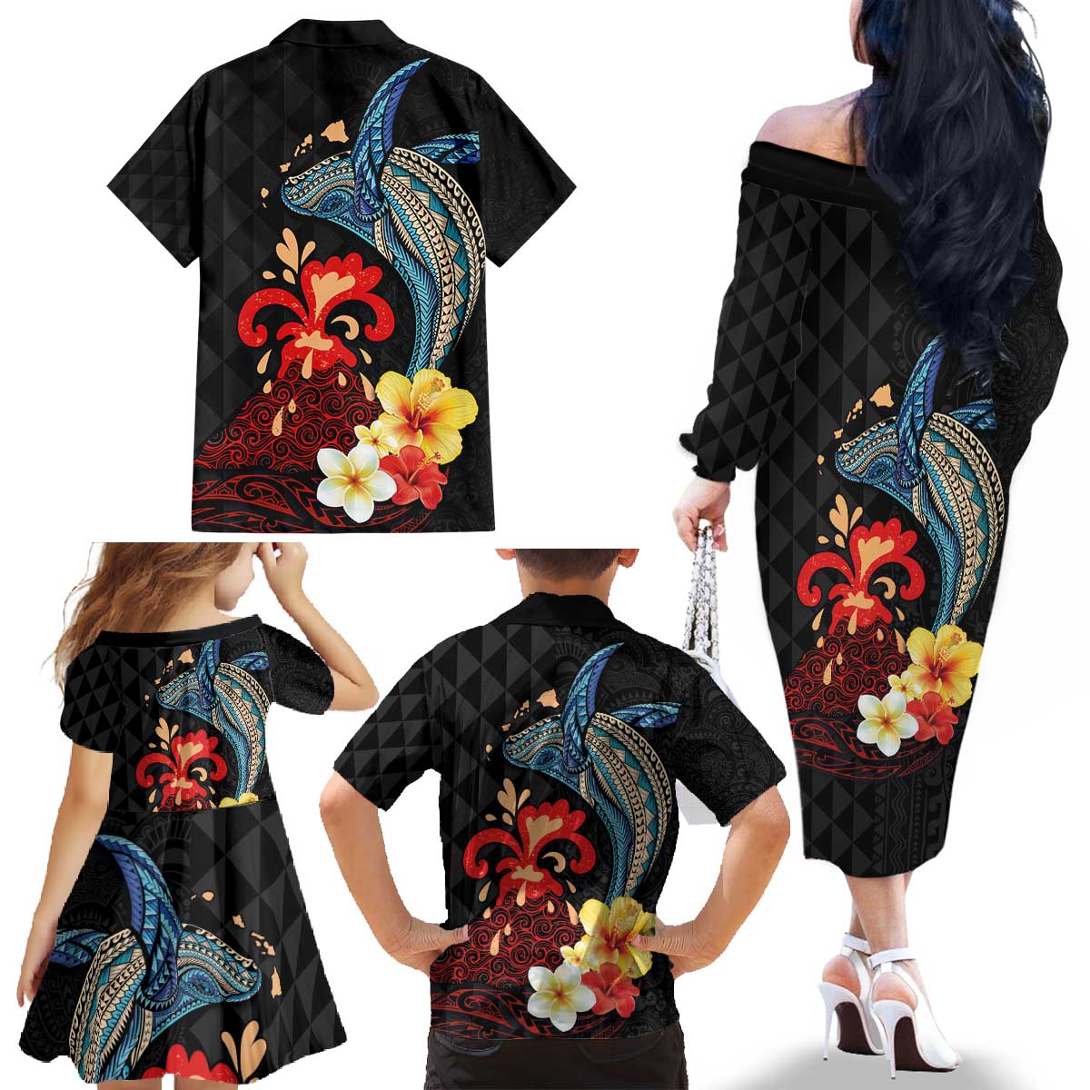 Hawaiian Whale and Volcanic Eruption Family Matching Off The Shoulder Long Sleeve Dress and Hawaiian Shirt Hibiscus and Kakau Pattern LT03 - Polynesian Pride